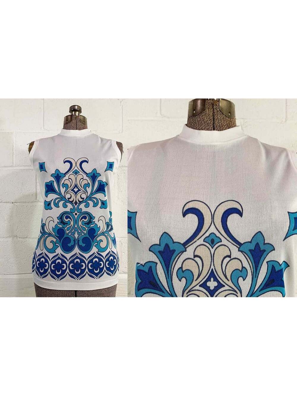 Geometric Shirt Sleeveless Mockneck Blue White Mod Geo 70s 1970s Medium